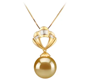 8-9mm Golden South Sea Pearl Pendant – AAAA Quality With 14K Gold & Diamond Accents